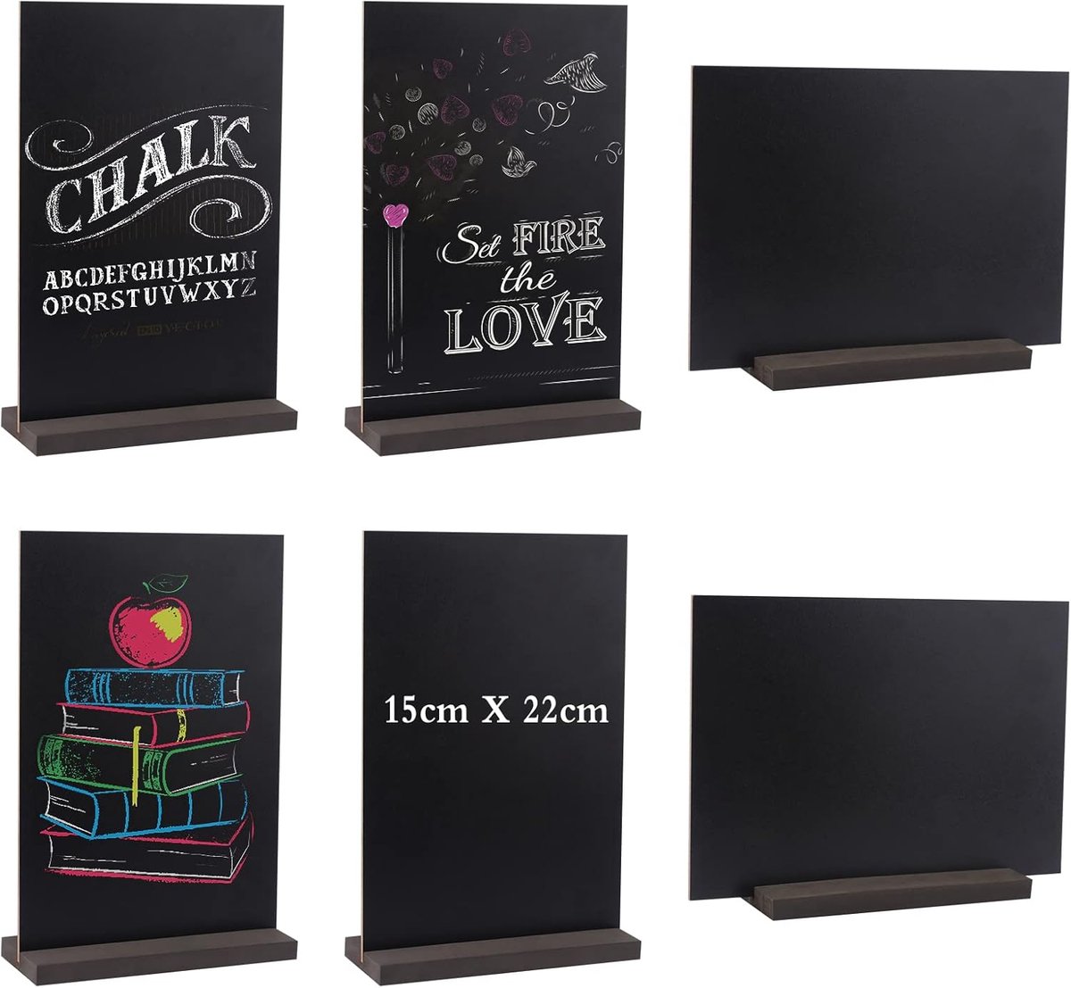 Krijtbord, klein, 6 stuks, 15 x 22 cm, dubbelzijdig klein bord om te beschrijven, mini-tafelstandaard, krijtbord met houten sokkel, prijskaartjes, leisteenbord voor bruiloft, school, buffet,