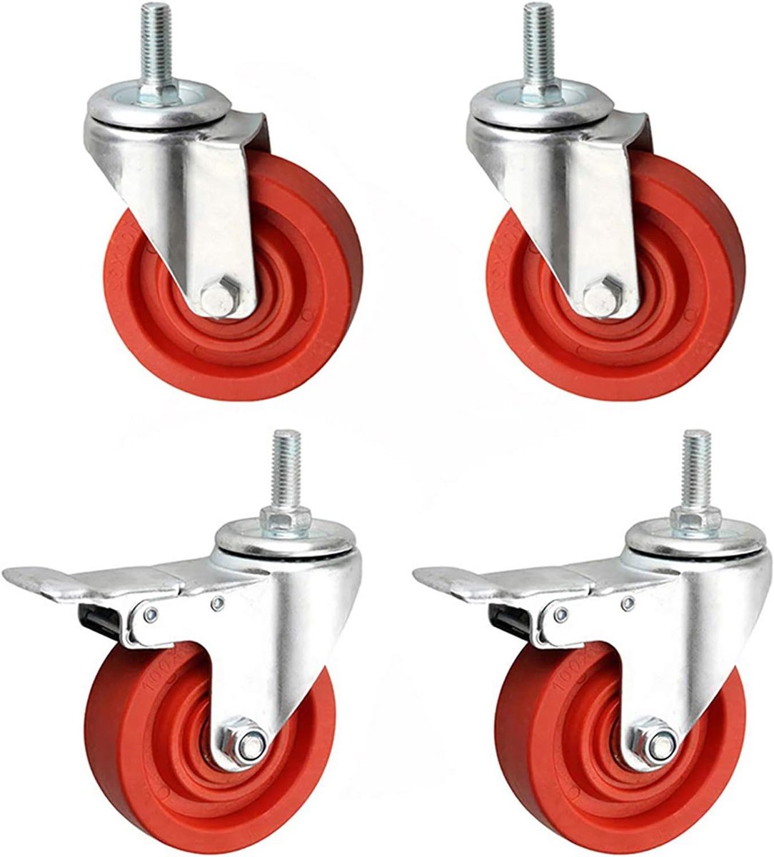 3 inch 4 inch rode nylon zwenkwielen, industriële zwenkwielen met remmen, 230 ℃ 446 ° F hoge temperatuurbestendigheid, elk laadvermogen 100 kg