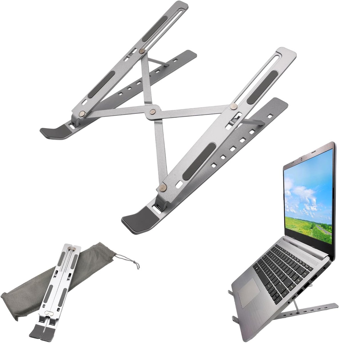 - Laptopstandaard - Verstelbaar in 7 standen, Antislip, Gemaakt van Stevig Aluminium, Compatibel met 13-15.6”, Hellingshoek 15-45º, Zilverkleurig