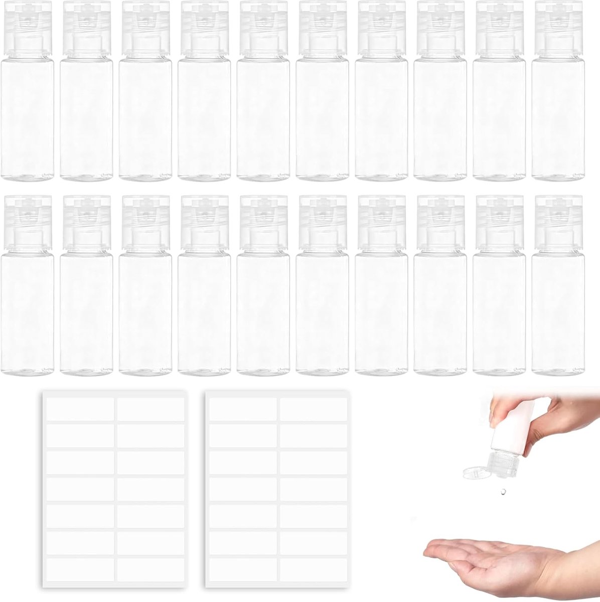 Set 20 Stuks 15 ml, Navulbare Transparante PET/PP Flesjes met 2 Waterbestendige Etiketvellen, Lekbestendig voor Handbagage, Cosmetica en Verzorging