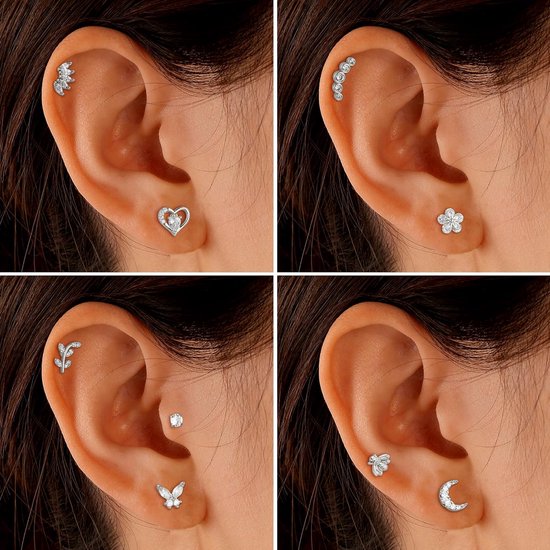 Piercings, 9 stuks, 16G helix piercings, tragus, kraakbeen, oorbellen voor dames, oorknopjes, set, tragus helix conch oorbellen, labret, zirkonia, oorbellen, vlinder, maan, goud, zilver, oor, — afbeelding 2