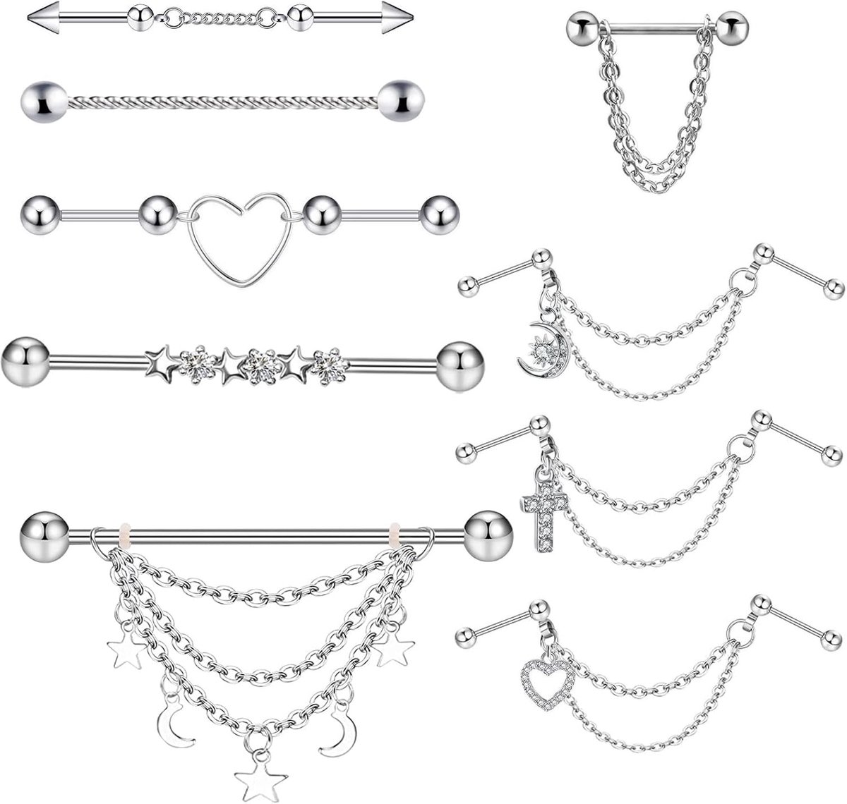 piercing, 16G roestvrij staal, industriële piercing, oorbellen, industriële helix-oorbellen, barbell-piercing, sieraad voor vrouwen en meisjes