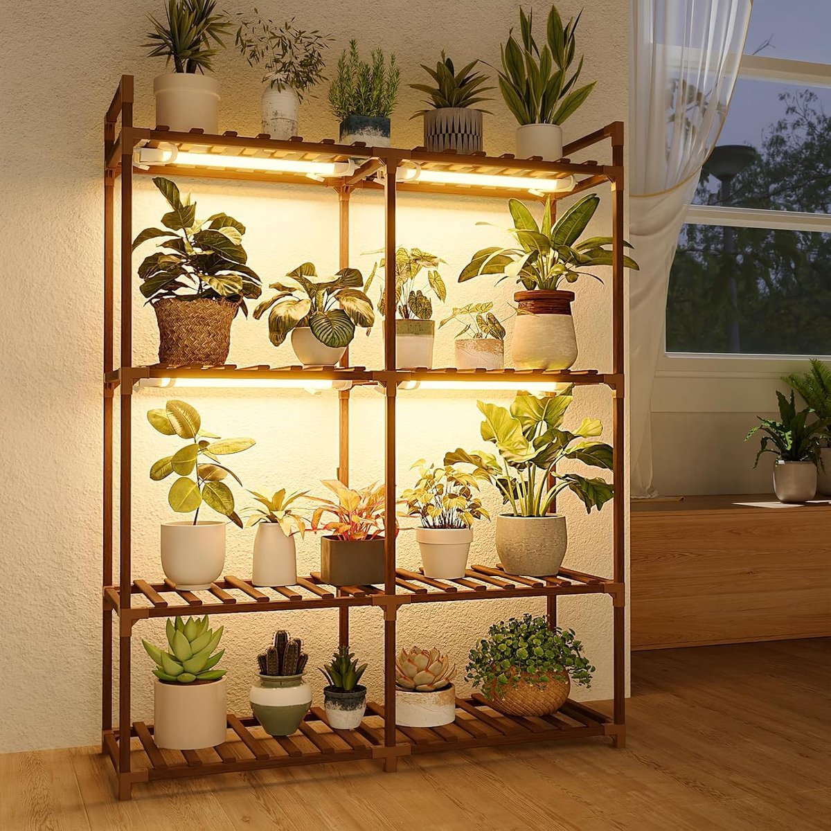 Plantenstandaard met kweeklampen voor kamerplanten, houten plantenplank, 4 niveaus, grote bloemenstandaard voor meerdere plantenhouders, rek voor terras, woonkamer, balkon