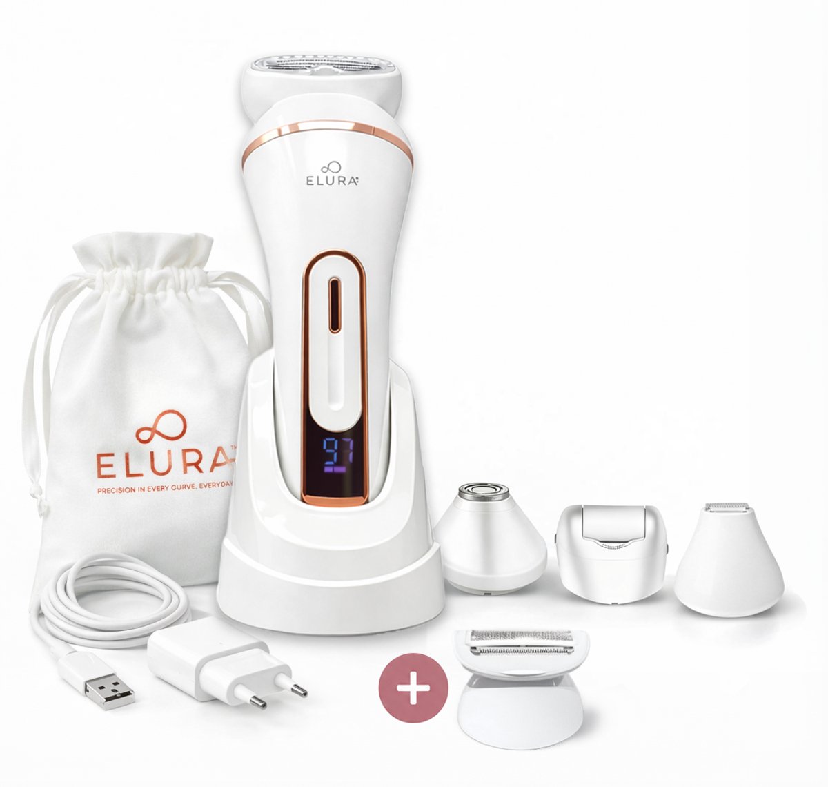 Ladyshave voor Vrouwen 4-in-1 Premium – Inclusief Extra Scheerkop – Scheerapparaat Dames – Bikinitrimmer – Gezichtstrimmer – Eeltverwijderaar – Waterdicht Oplaadbaar – Elura®