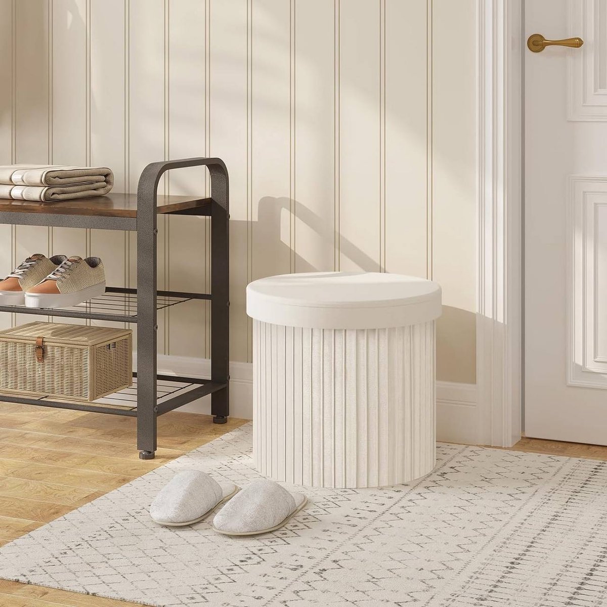 SureDeal® - Kruk - Deksel opbergruimte - Opvouwbaar gestoffeerd - Gemaakt fluweel - MDF - Crème - 38x38x36 cm