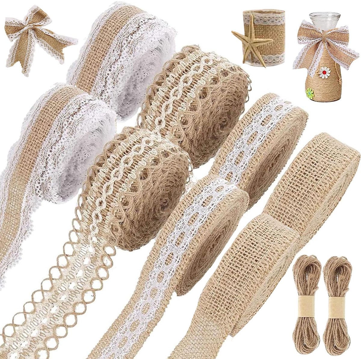 Jute lint met kant, 8 rollen vintage jute lint, naturel, jute jute lint wit met 2 jute touwen, cadeaudecoratie voor bruiloft, Kerstmis, decoratieband, doe-het-zelf knutselbenodigdheden