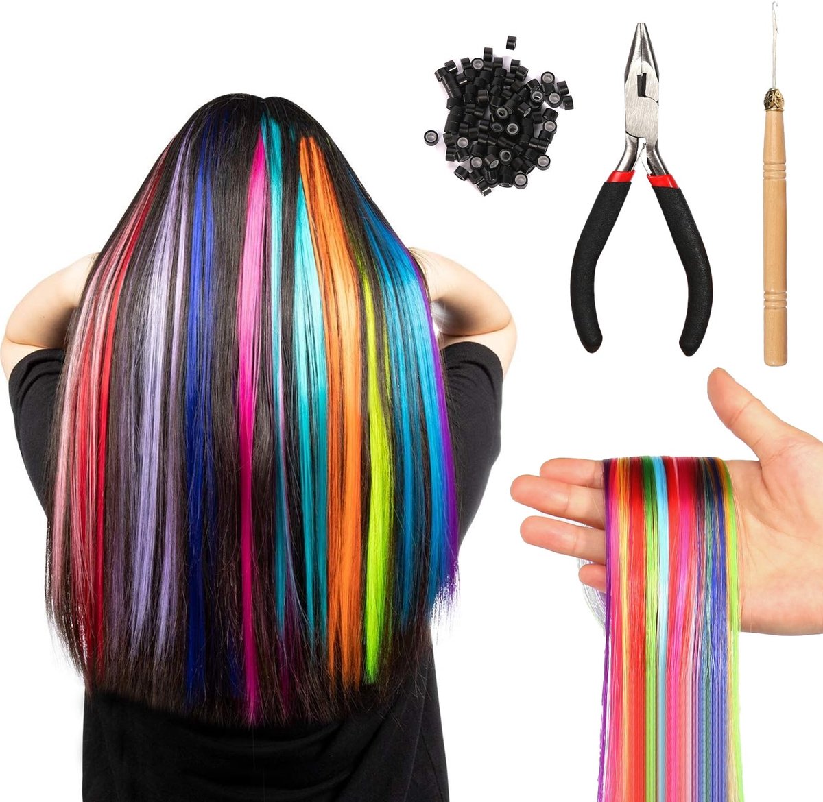 haarverlengingsset, 100 stuks, kleurrijke veren, haarverlengingsset met pruiktang en 100 kralen, onzichtbare haarstrengen voor kinderen, haarstrengen om vast te klikken