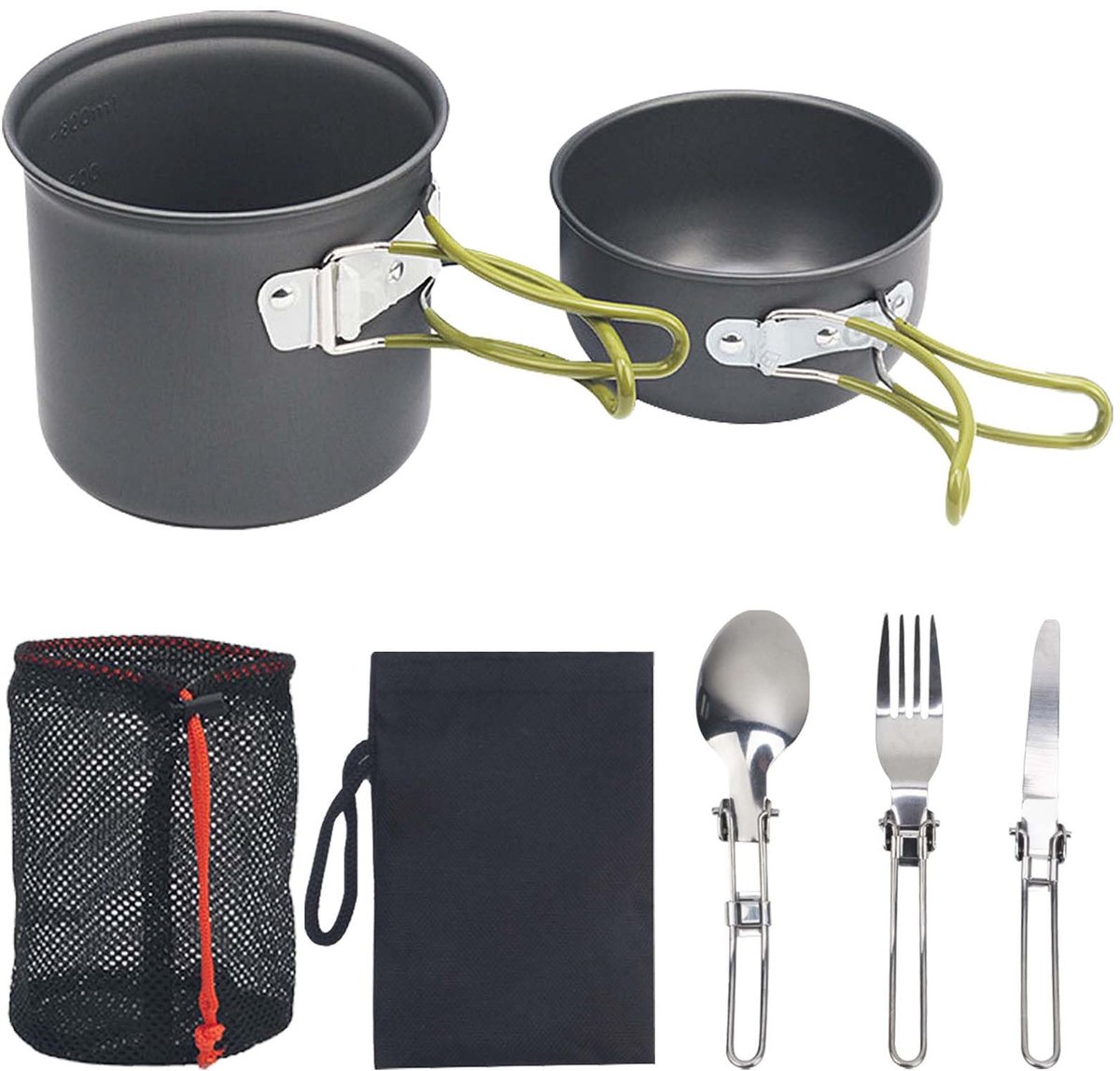opvouwbare campingpan, outdoor, met opvouwbare mes, vork, campingservies, campingservies, campingservies van aluminium, met inklapbare handgrepen, geschikt voor 1-2 personen