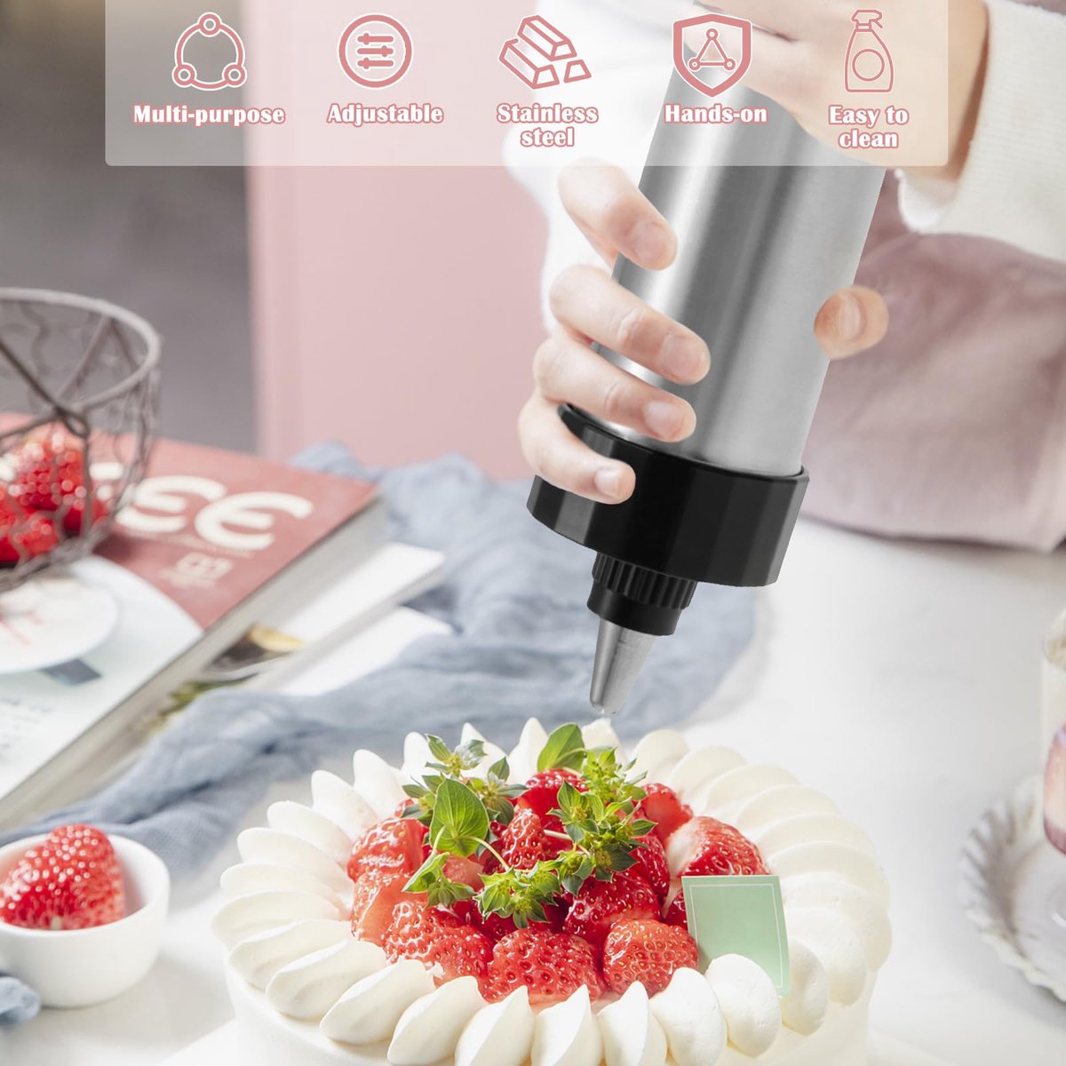 Maker, koekjespers, roestvrij staal, ergonomische handgreep, taartspuit, garneerspuit met schenktuit en schenktuit voor donuts, koekjes en cupcakes (A)