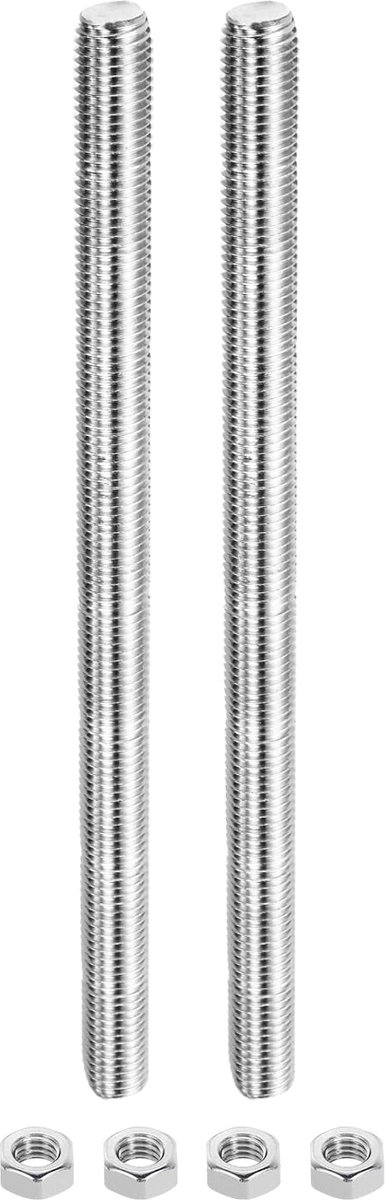 Draadstangen M16 x 250 mm schroefdraadpennen 4 stuks zeskantmoeren, 1,25 mm schroefdraadspoed 304 roestvrij staal rechtse schroefdraad staafstaven