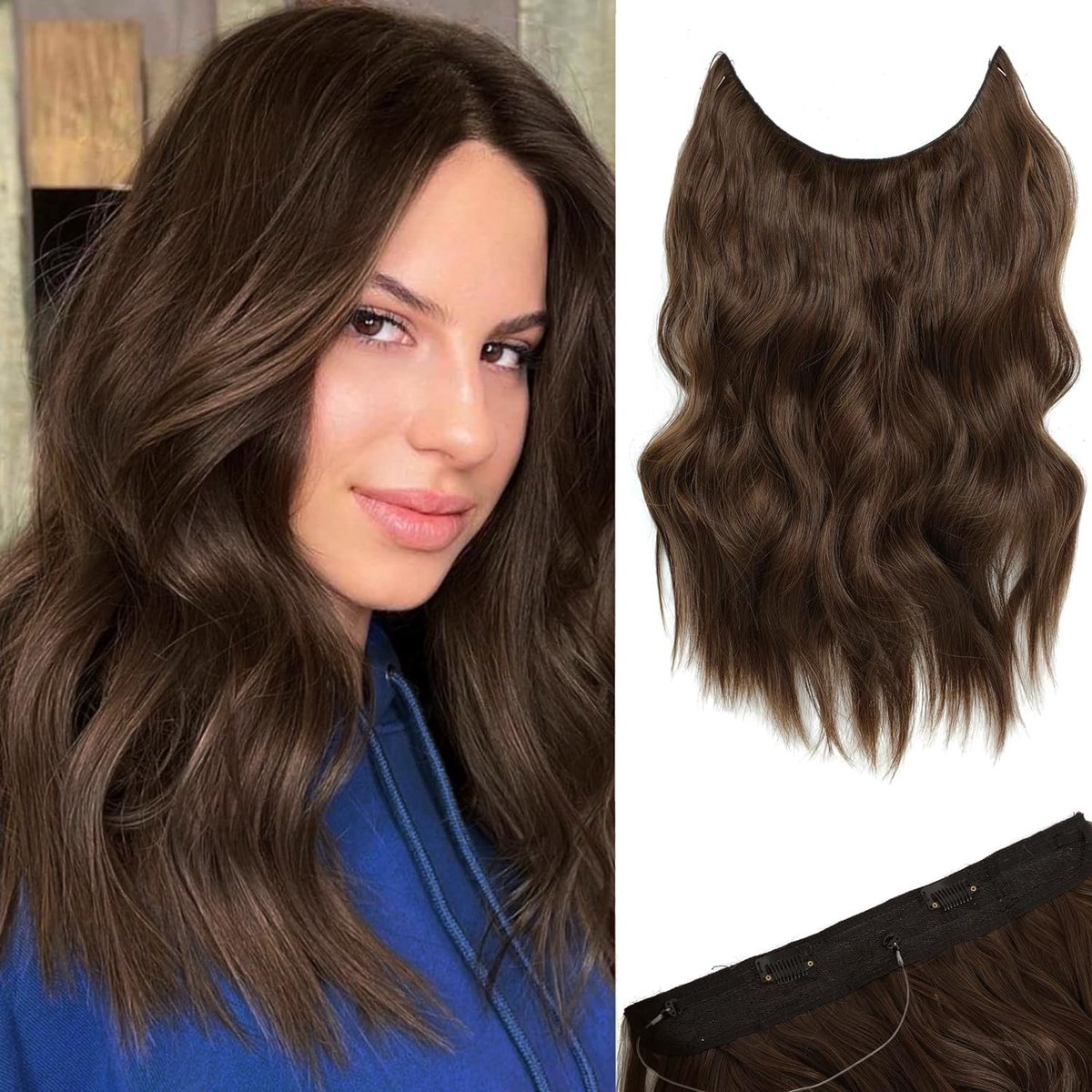 Taj Invisible Secret Wire Extensions 40 cm, met instelbare grootte, bruin, lang, synthetisch met clips, één stuk krullend haarstukje voor vrouwen