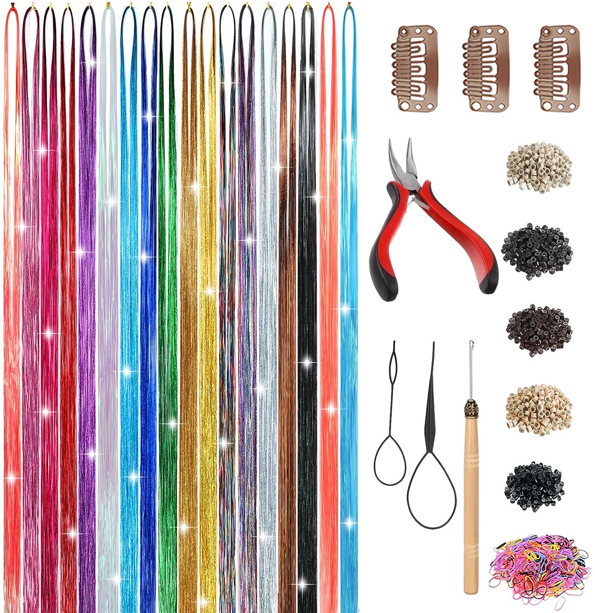 Haarstrengen met glitters, 18 kleuren, 90 cm, haartinsel kit met gereedschap, haarlametta met gereedschap, Sparkle Tinsel Hair Extensions vrouwen meisjes Cosplay Party Accessoires en festivals