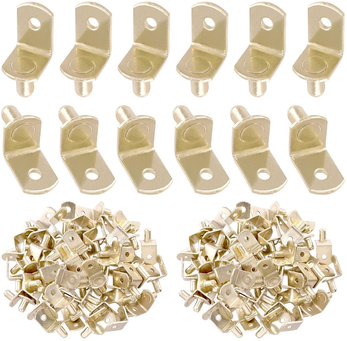 60 Stuks L-Shelf Pins 6mm Gouden Steunpinnen met Gat, Geplateerde Stalen Plankhouders voor Boekenkasten, Kasten en Entertainment Centers
