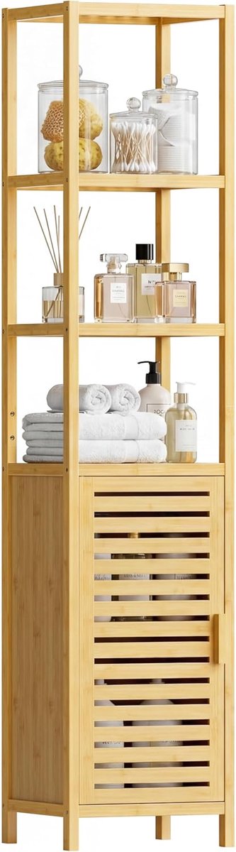 Armoire de rangement pour salle de bain, Étagère d’angle haute et étroite en bambou à 6 niveaux, Organisateur au sol peu encombrant avec étagères ouvertes et porte simple, naturel