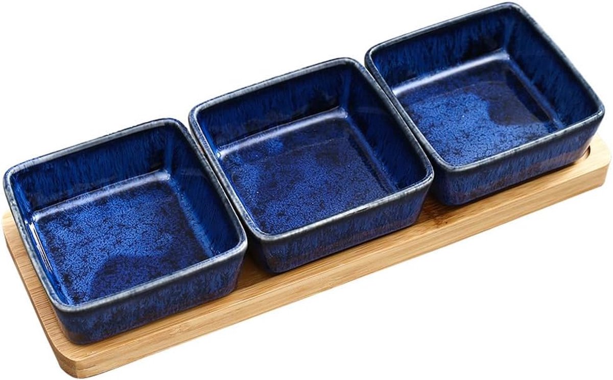Set van 3 dipschalen met houten plank - serveerschalen set incl. dipschalen & serveerschaal, multifunctionele snack- & notenschaal (blauw set van 3)