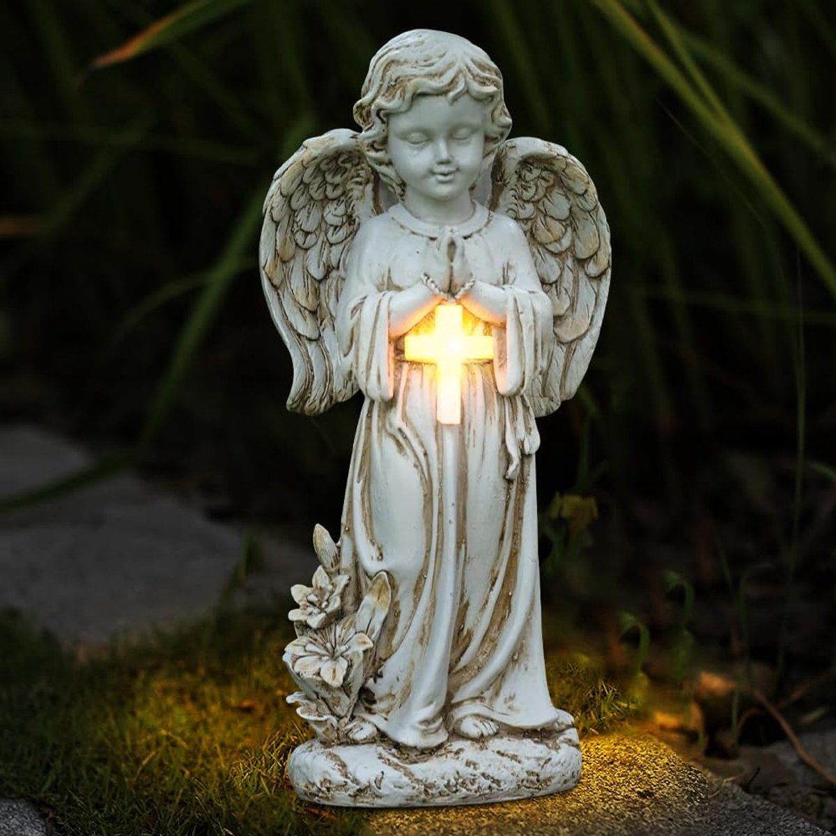 Engel voor graf, weerbestendig, engel op zonne-energie, grafgel, weerbestendig, met led-zonnelampen, waterdichte bedde, grafdecoratie, weerbestendig, voor begraafplaats, outdoor, tuindecoratie
