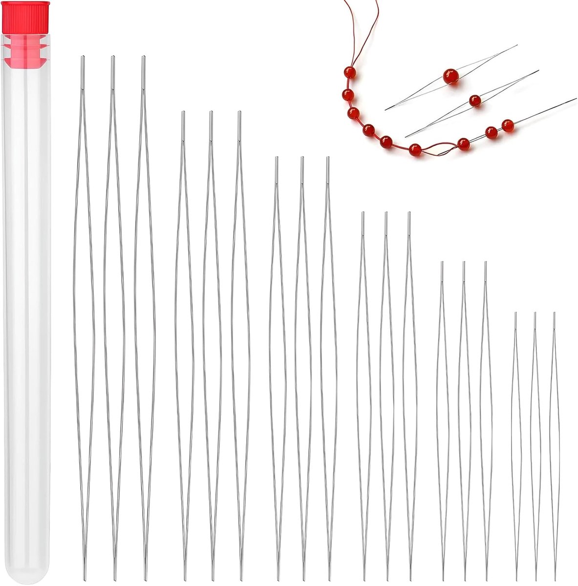 18 stuks parelnaalden, grote ogen, parelnaalden, parelnaalden, grote ogen, kralnaalden, roestvrij stalen naainaalden, voor armbanden, sieraden, handwerk en sieraden maken, met naaldfles (6 maten)
