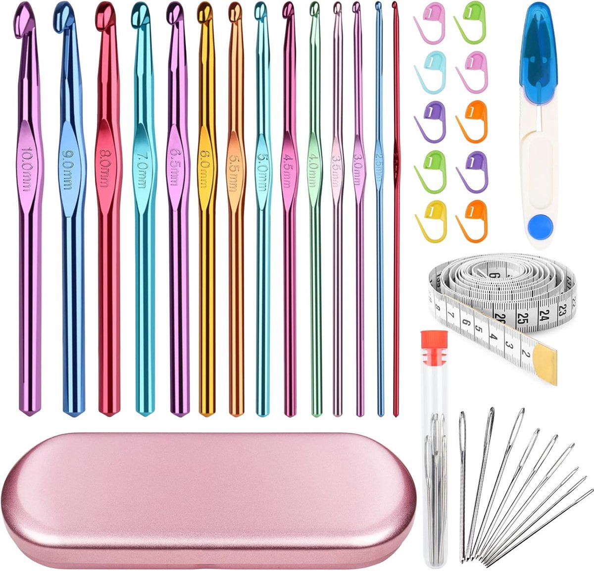 Haaknaaldset, gekleurde aluminium ergonomische handgreep, haaknaaldhaken, set voor artritische handen in koffer, haakset, starterset voor beginners, met 14 maten haaknaalden en accessoires