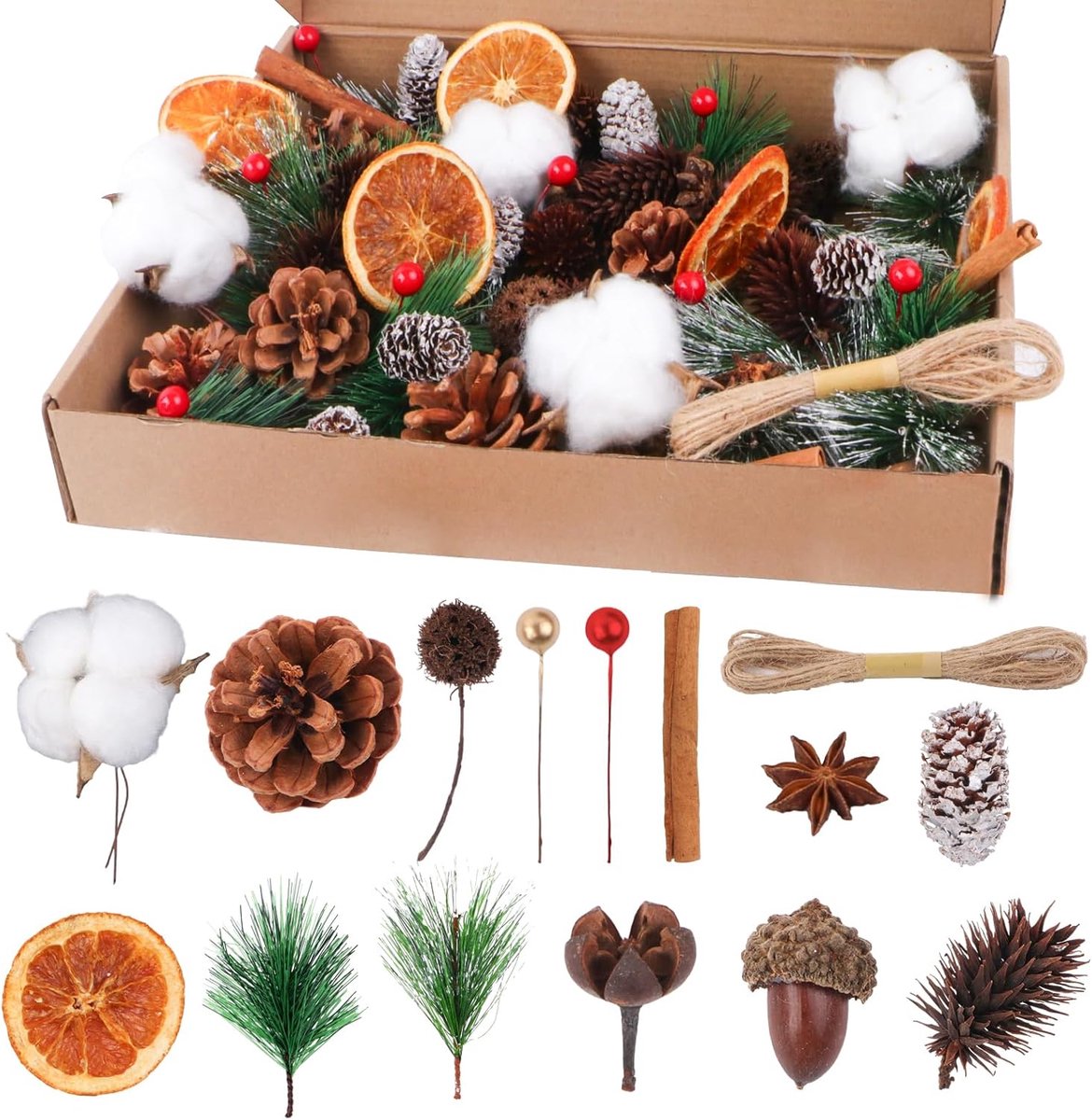 170 stuks kerstkrans-decoratieset – adventskrans accessoires met katoen, gedroogde sinaasappelschijven, kaneelstokken, steranijs, walnoten, dennenappels, bessen, dennentakken en jute touw