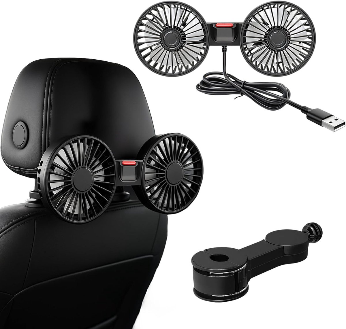 Auto-achterbankventilator, 360 graden draaibaar, USB-ventilator, 3 instelbare snelheden, krachtig en stil, mini-ventilator voor thuis, kantoor, 12 V, vrachtwagen, caravan, camper
