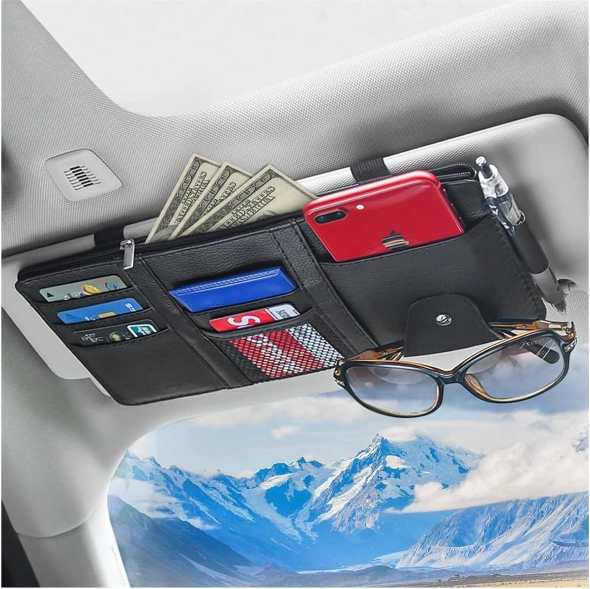 Zonneklep Organizer, Lederen Opbergzak Zonneklep Pouch met Rits voor Kaarten Licentie Registratie Pen Bril Document, Past op de meeste Auto SUV, Auto Interieur Accessoires voor Mannen Vrouwen