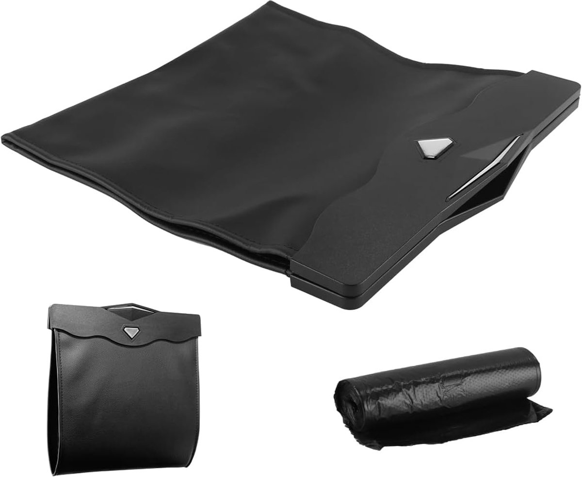 auto-afvalbak, luxe PU-leren, waterdichte, verlichte hangende vuilnisbak voor in de auto, multifunctioneel, zwart met vuilniszakken