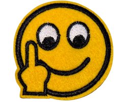Emoji Smiley Fuck You Middelvinger Strijk Embleem Patch 6.2 cm / 6.2 cm / Geel Zwart Wit