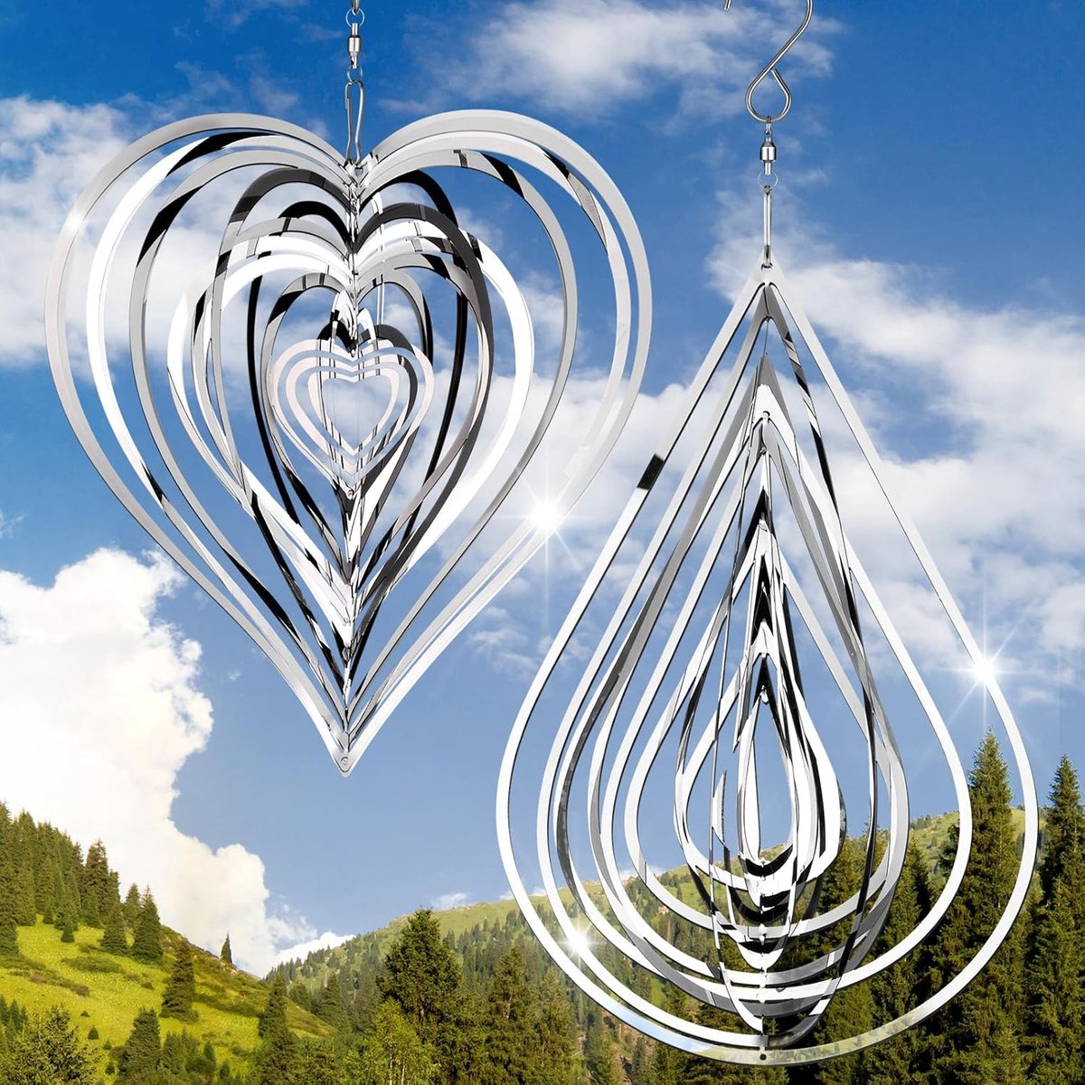 2 stuks windspinner 3D stromende windspinner roestvrij staal gespiegelde windgong 3D metalen buitentuindecoratie met 2 stuks roterende haak voor tuin tuin patio ornament decoratie (zilver)