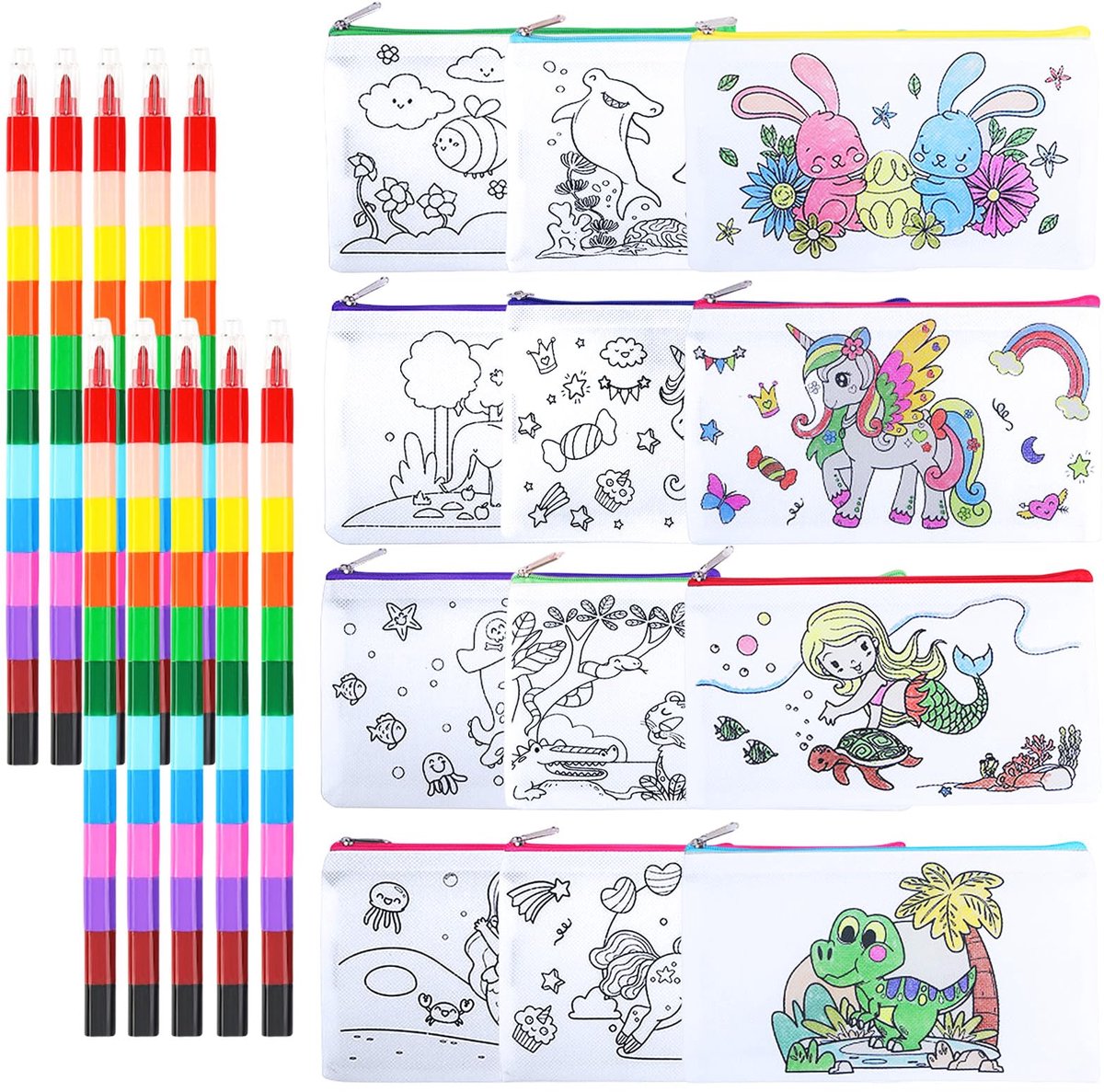12 stuks blanco stoffen zakjes, klein, doe-het-zelf stoffen zak met ritssluiting, multifunctioneel canvas mapje met 10 stapelbare kleurpotloden voor schilderen, school, knutselen, reizen