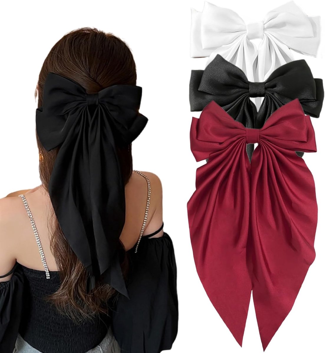 3 stuks Haarspeld voor dames, satijnen haarclip met grote strik, Franse stof, haarspeldclip voor vrouwen en meisjes (zwart, rood, wit)