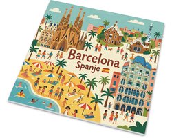 Decoratief mat tegeltje Barcelona Spanje met Sagrada Família en strand, vrolijke retro illustratie landschap met Park Güell, wanddecoratie steden souvenir voor reisliefhebber, 15x15 cm