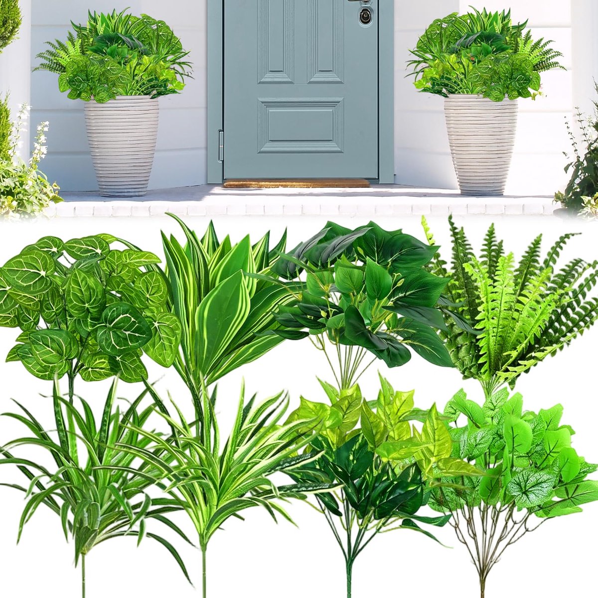 Kunstplanten, set van 20 kunstbloemen, weerbestendig, uv-bestendig, tuin, kunstbalkonplanten, decoratie voor buiten, varen en lavendelmix, kunstplanten (8 modellen (18 stuks))