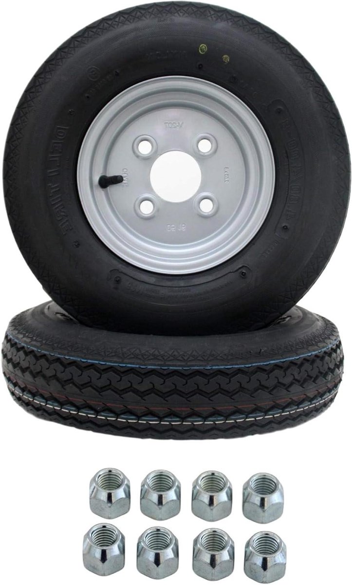 Aanhanger banden - Reservewiel set - Transport veilig - Compleet gemonteerd - 2 stuks 4.00-8 - Zilver