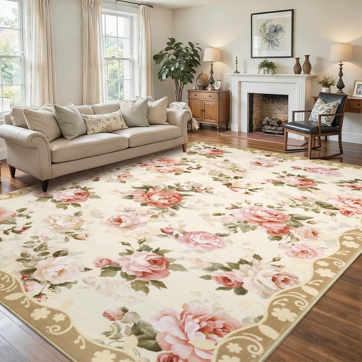 Vloerkleed voor woonkamer, zacht antislip lenteroos, tuin laagpolig tapijt, faux wol rechthoekige wasbare vloermat voor huisdecoratie nachtkastje slaapkamer eetkamer, beige