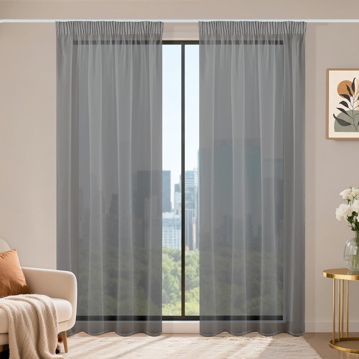 Gordijnen met plooiband, set van 2, voile schuifgordijnen, 230 x 120 cm (h x b), transparant gordijn, gordijn donkergrijs, gordijnen voor woonkamer, slaapkamer, transparant gordijn