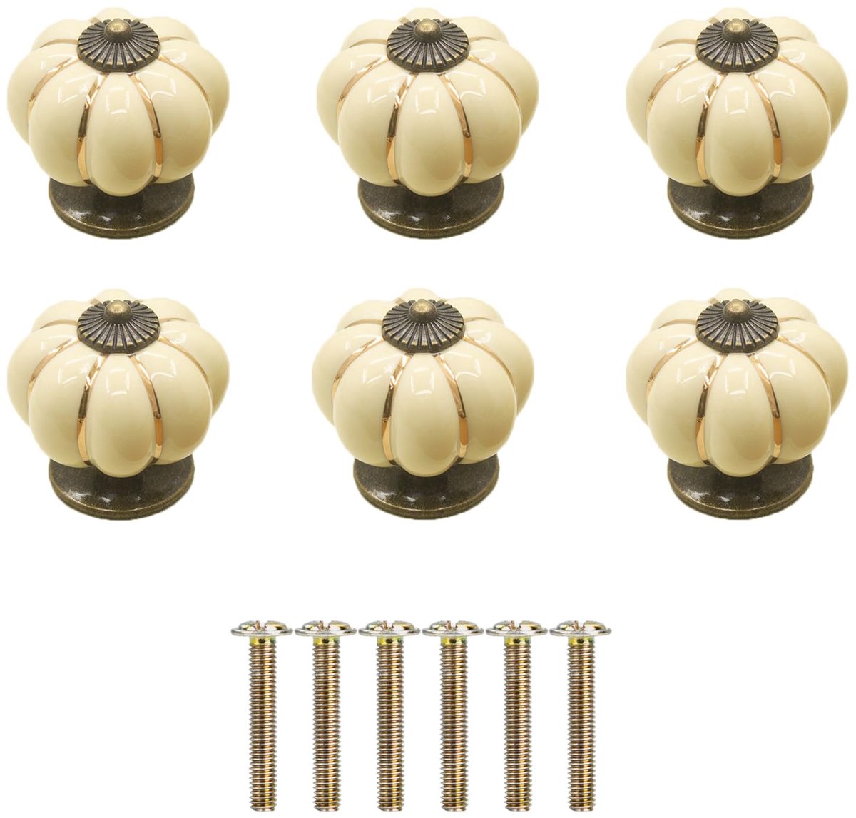 6 keramische knoppen in pompoenvorm, porseleinen knoppen voor meubels, ronde handgrepen voor vintage kast met schroeven voor huis, kantoor, keukenkast, laden en kasten 4 x 4 x 4 cm (ivoorwit)