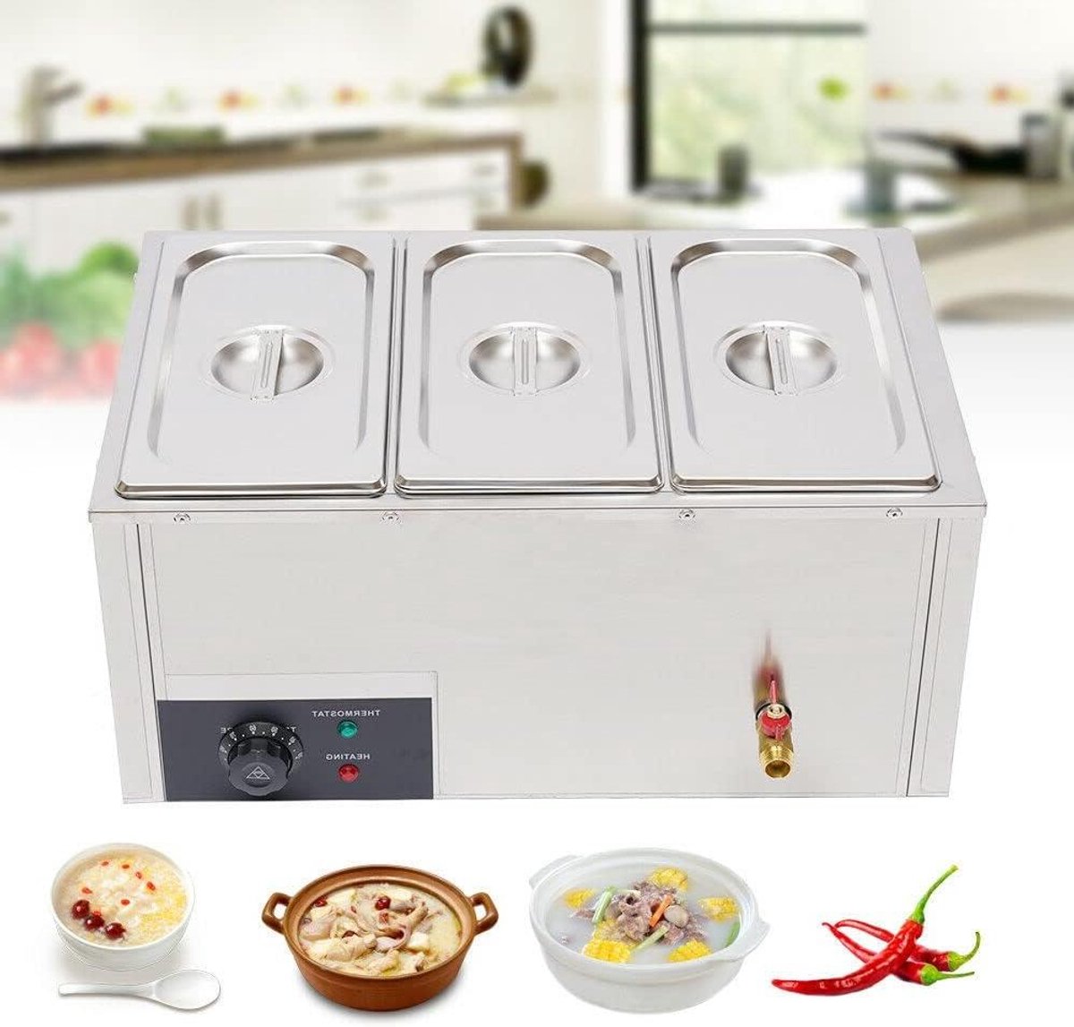 Voedselwarmer - Warmhoudapparaat Buffet - Eten Warm Houden - Met Afvoerkraan - 3x 7 Liter - Zilverkleurig