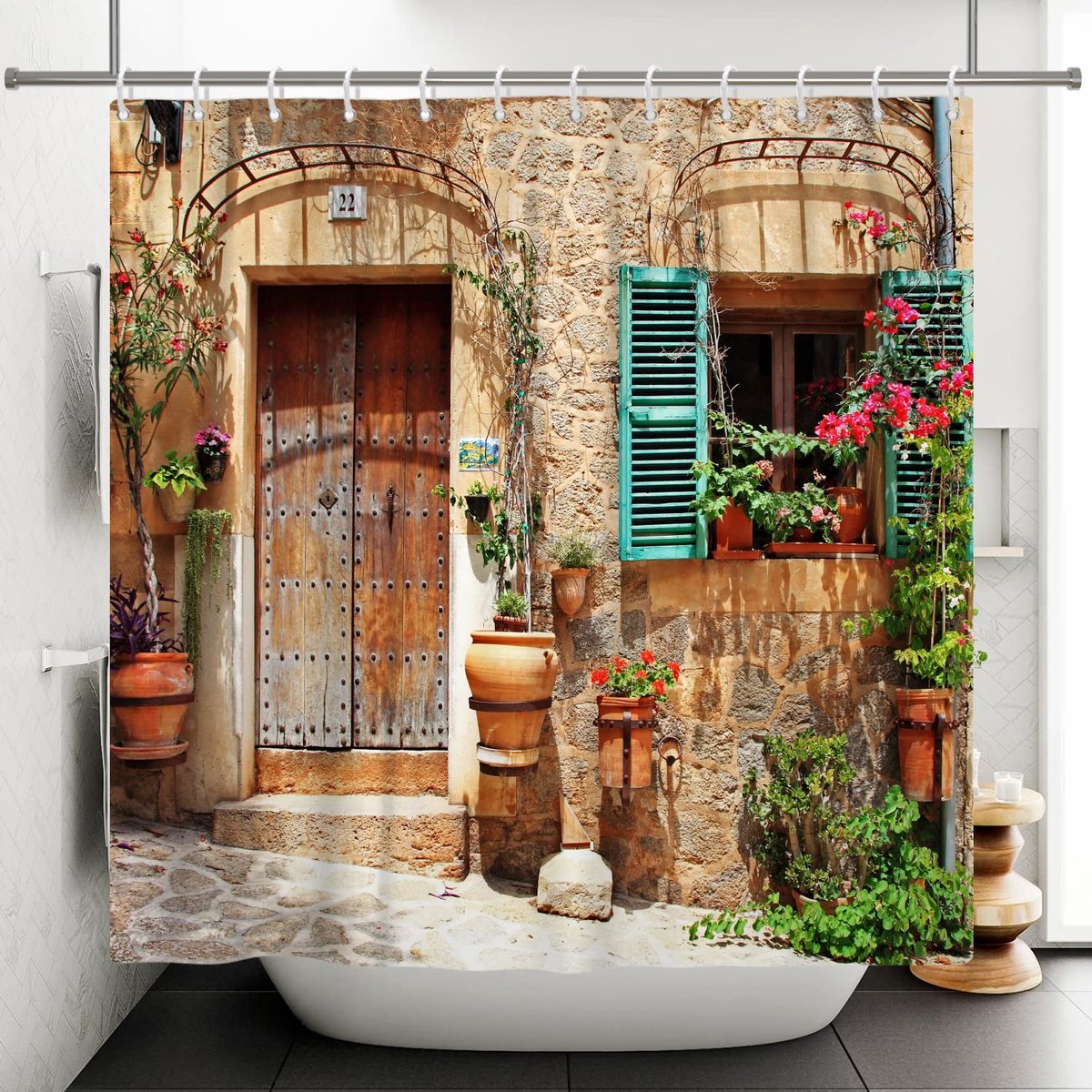Douchegordijn Italiaans Landschap Vintage Stad Badkamer Gordijn Middeleeuws Historisch Gebouw Douchegordijnen Zonnige Middag Badkamer Decoratief Gordijn 71x71 inch