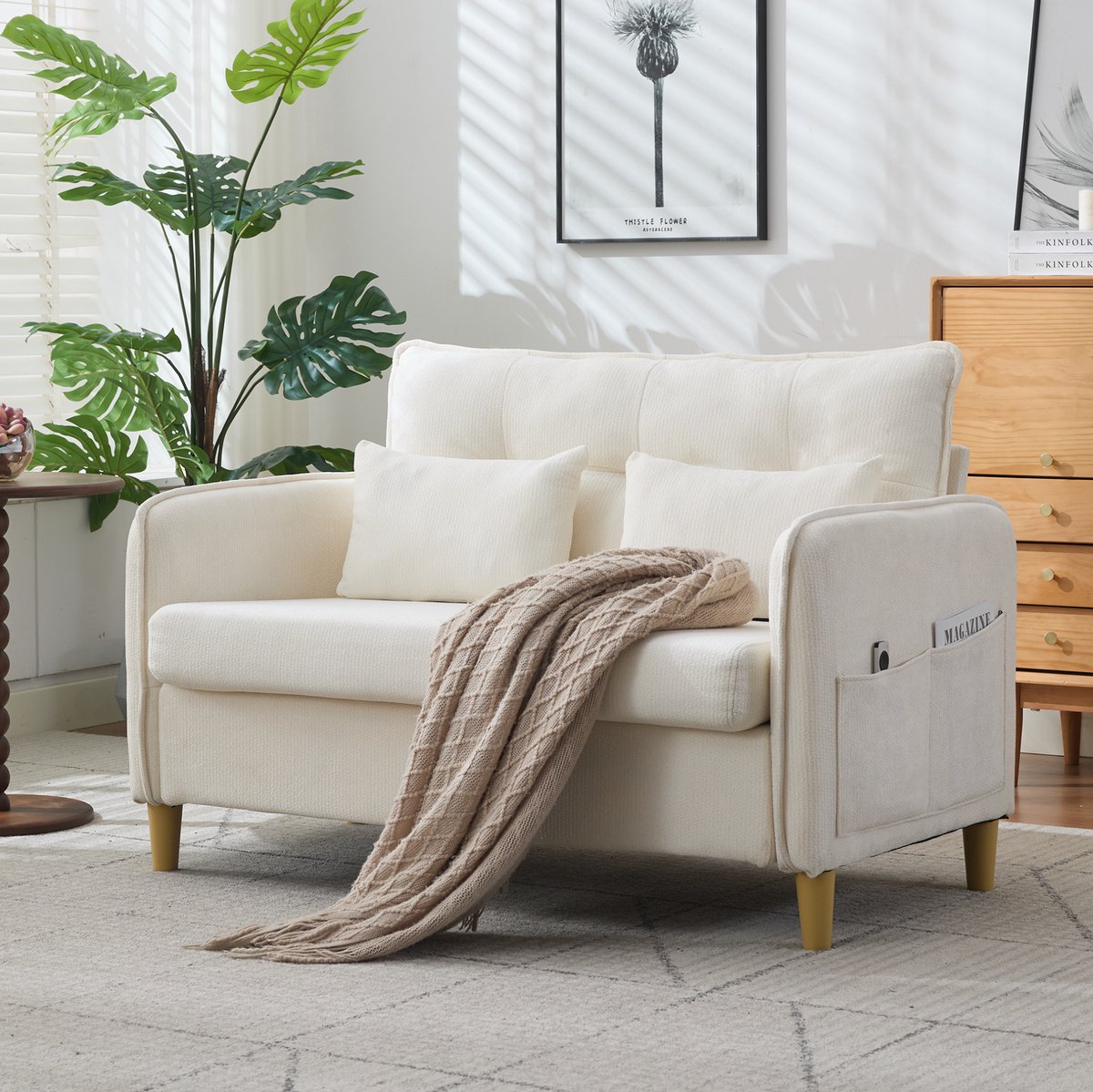 MIVRAY Zitbank 127 Cm - 2-Zits Met Armleuningen En Zijvakken - Voor Woonkamer, Studeerkamer En Kantoor - Chenille Beige