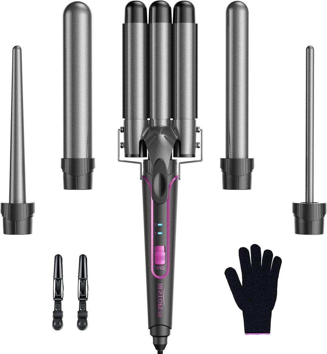 Krultangset 5-in-1 - Krulspelden met opzetstukken - Haar stylen - Snelle opwarming - 233 cm - Zwart
