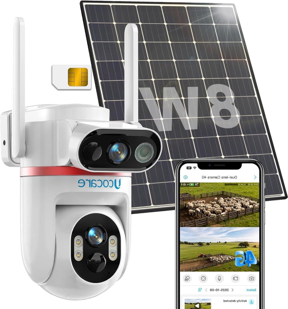 Zonne-energie Bewakingscamera - Buiten Camera - Eigendom Beveiligen - Dubbele 4MP Lenzen - 15800mAh Batterij - Wit