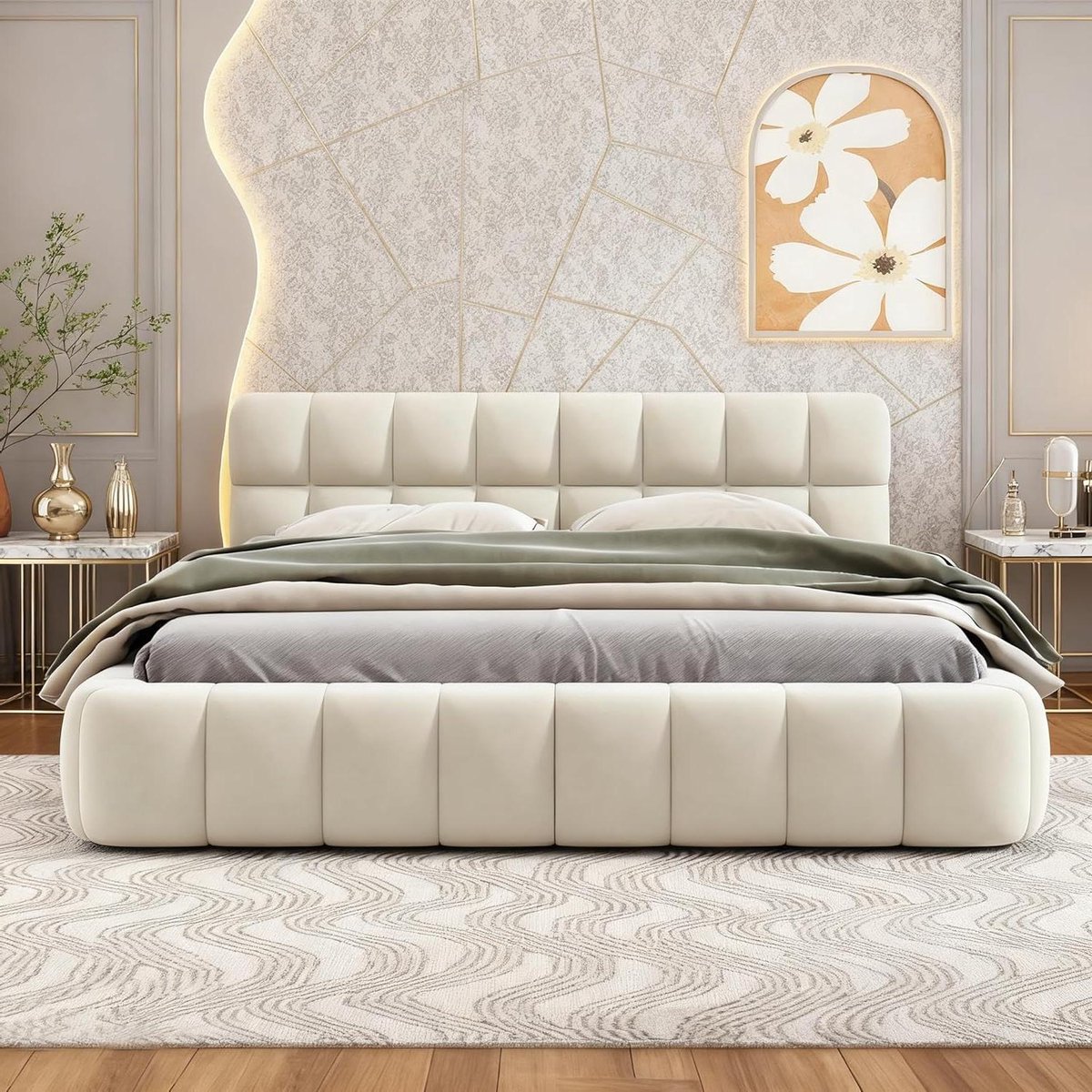 Gestoffeerd Bed - Tweepersoonsbed Linnen - Comfortabel Slapen - Gewatteerd Hoofdeinde - 140x200 cm - Beige