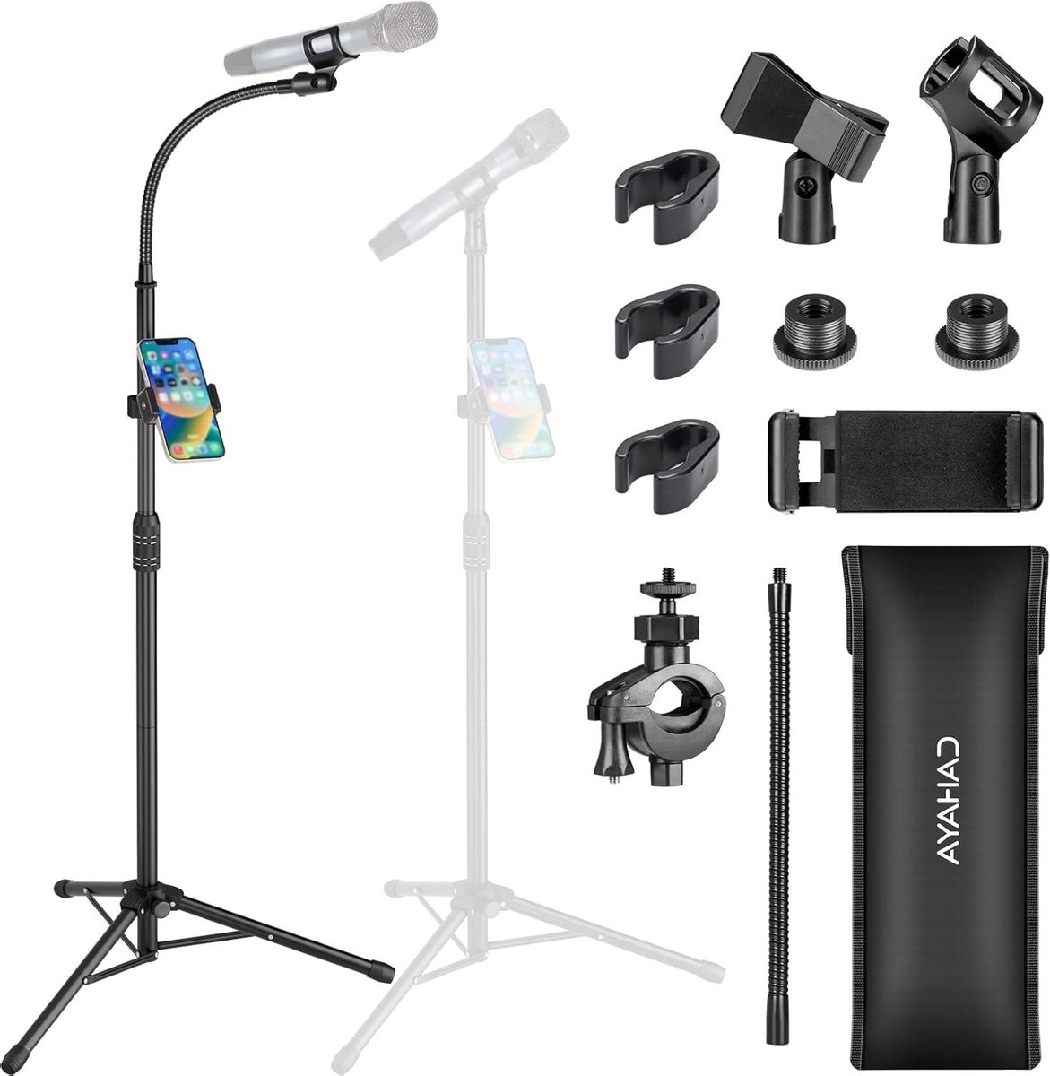 Microfoonstandaard - Zwanenhals Statief - Muziek Optredens - Met Telefoonhouder - 32-73 Inch - Zwart