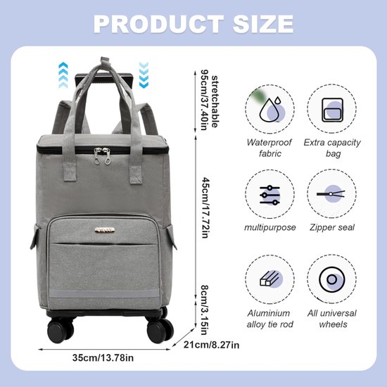 Koelbox met Wielen - Koeltas Trolley - Boodschappen Vervoeren - Waterdicht Oxford Materiaal - 35x21x45 cm - Grijs — afbeelding 2