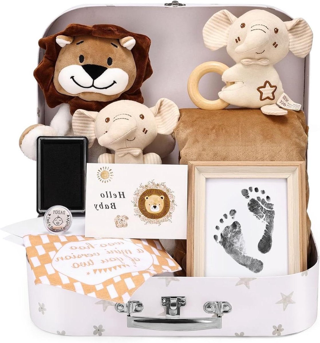 Baby Cadeauset - Kraamcadeau Mand - Geboorte Vieren - Uitgebreide Set - 33 x 25 x 7 cm - Bruin