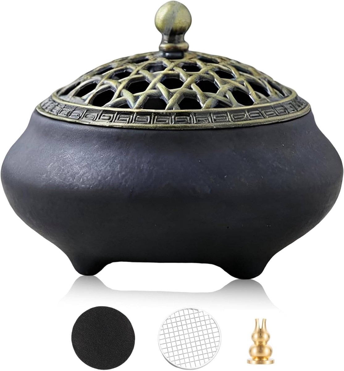 wierookbrander vintage wierookbrander met metalen deksel en vuurvaste wierookstokjeshouder, rond, Chinees porselein, zwart