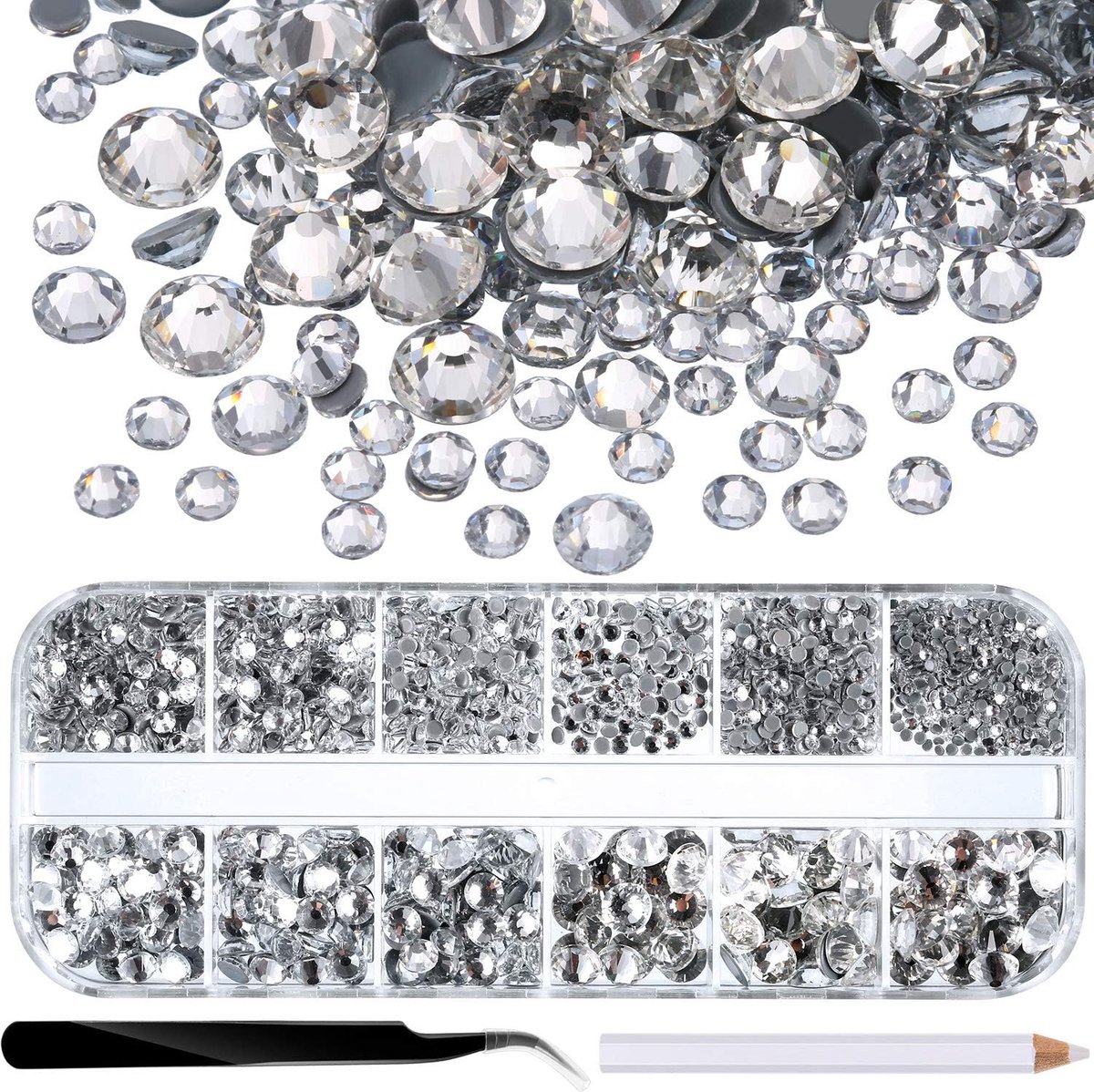 Fix strass-steentjes met platte onderkant, hotfix, ronde kristallen stenen, 1,5 - 6 mm (SS4-SS30), in opbergdoos met pincet en strasssteentjes-stift, transparant, 2000 stuks
