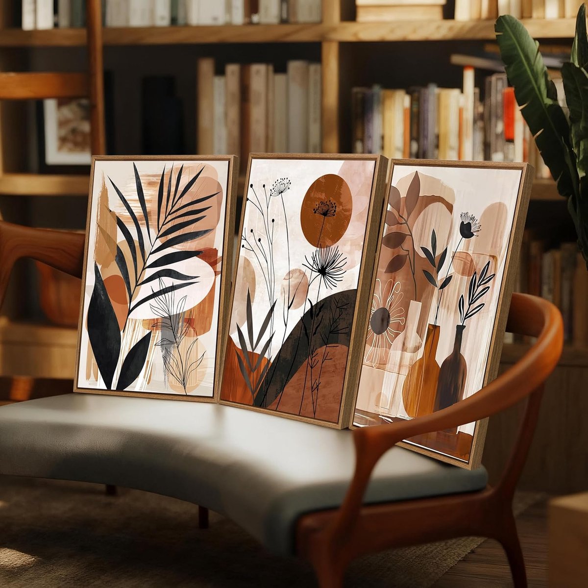 Set van 3 ingelijste doeken in boho-stijl met bruine botanische bladeren, minimalistische illustratie voor huisdecoratie voor slaapkamer, woonkamer, kantoor, 40 x 60 x 3 cm — cadeau in Wonen & Interieur - foto 7