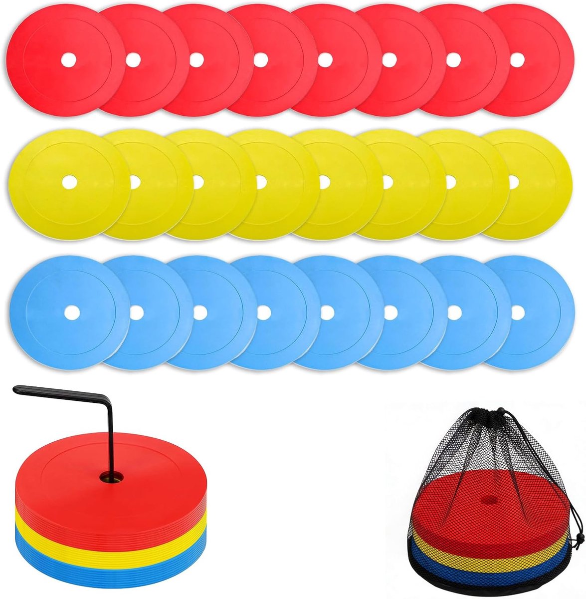 24 markeringsschijven 15 cm, hoedjes voetbal plat, markeringshoedjes voetbal plat met organizerhouder, vloermarkeringen, markeringshoedjes voor vloermarkers, speelveldmarkering, trainingsaccessoires
