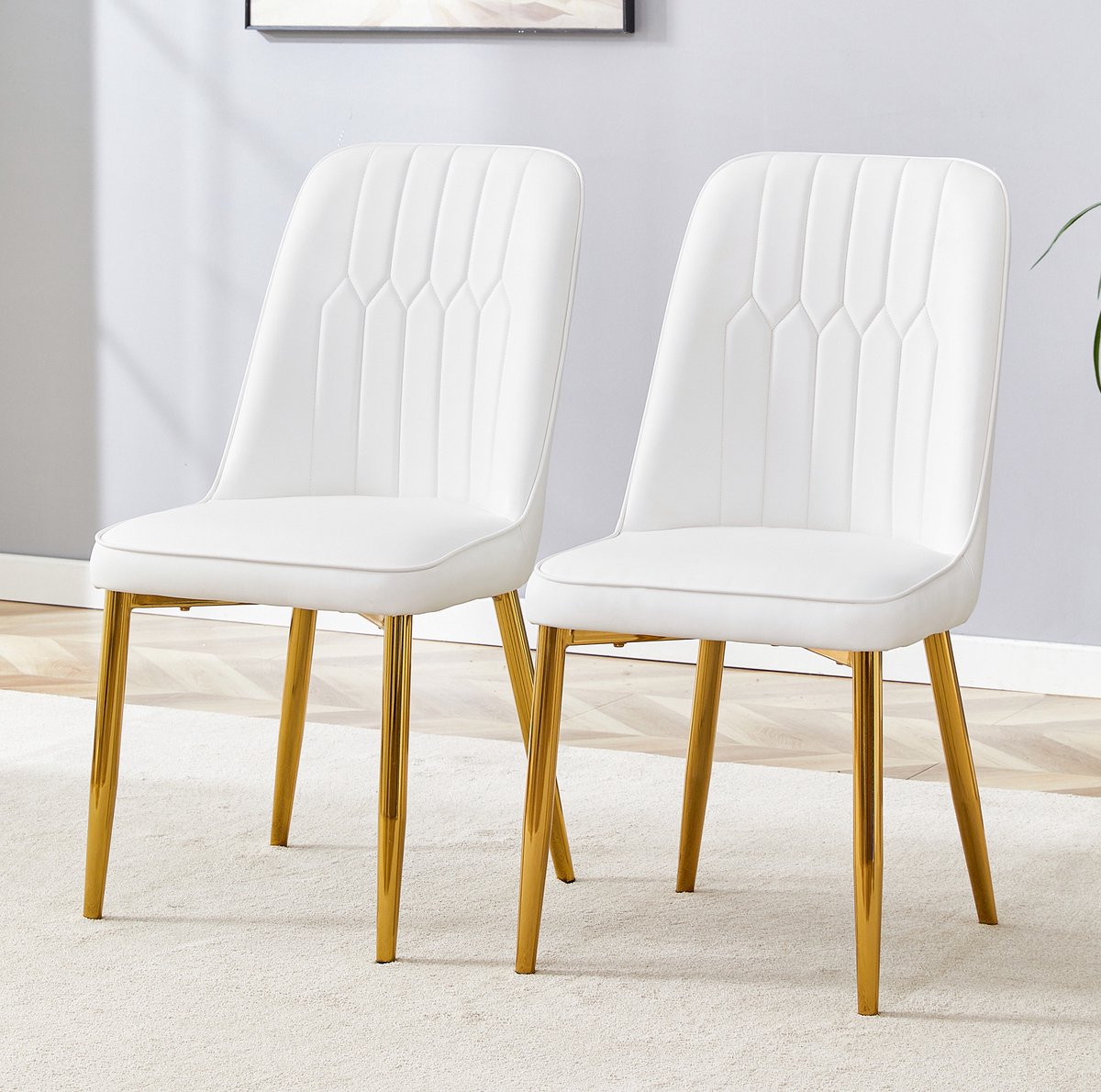 DESMIU Eetkamerstoel Set van 2 - Modern Minimalistisch Design Met Gestikt Patroon en Brede Zitting - Voor Eetkamer En Keuken - Kunstleer - Wit Goud